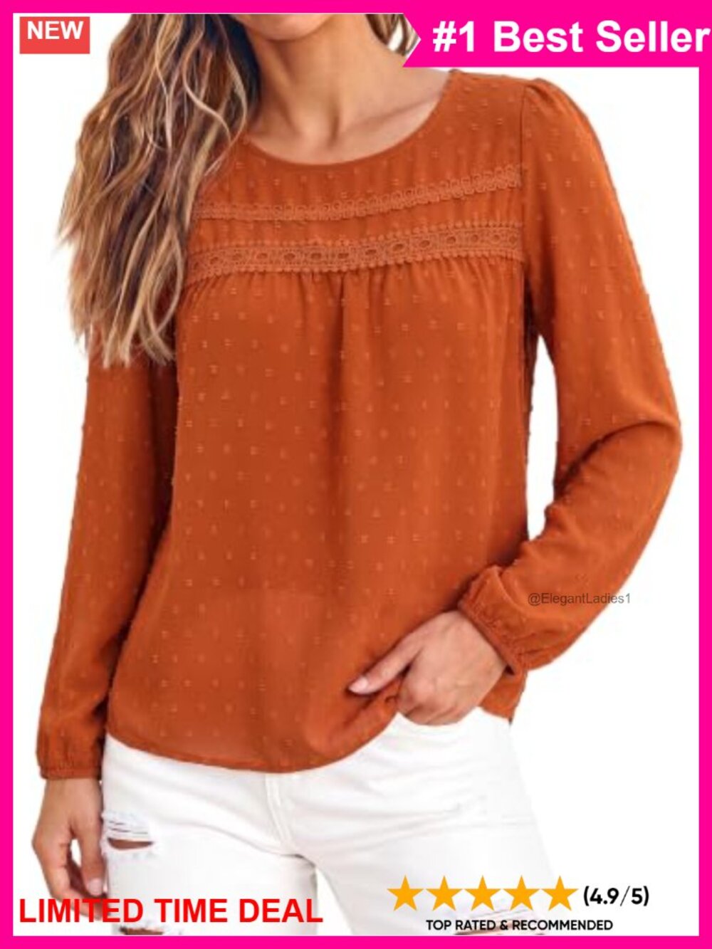 Boho Swiss Dot Lace Blouse Long Puff Sleeve Flowy Casual Top
